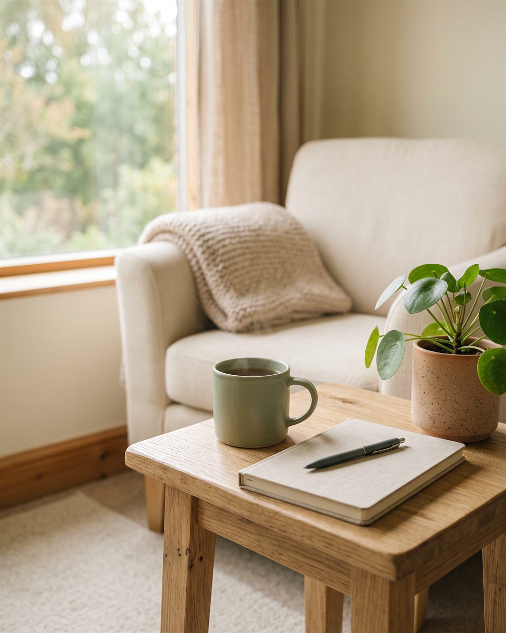 A quiet corner of a counselling room: a mug of tea, a notebook and a small plant on a table in soft morning light